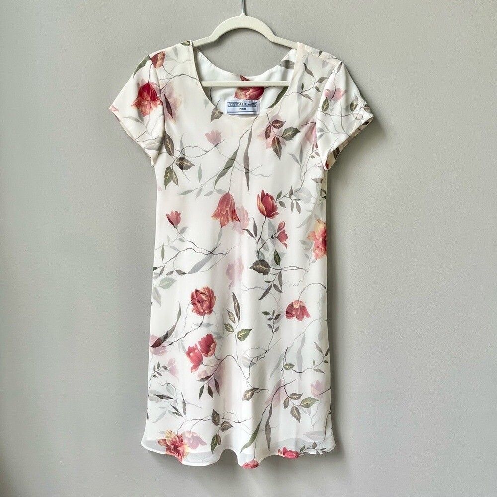 Vintage 90s Floral Dress Women's Size L Cream Satin Tulle Country Feminine Cute